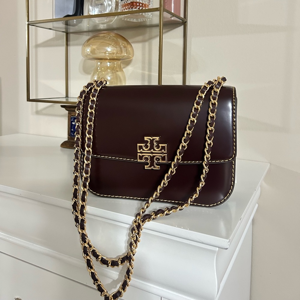 Tory Burch Dark Burgundy Crossbody Bag with Gold Chain